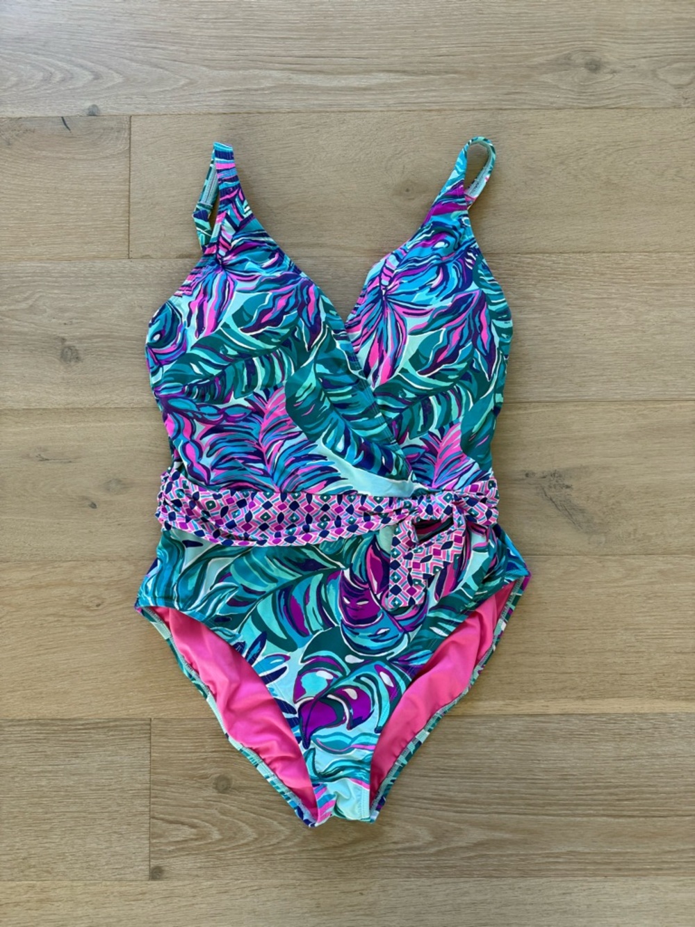 Lilly Pulitzer Tropical Leaf One-Piece Swimsuit in Teal, Pink & Purple